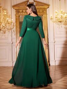 SUPGIR V-Neck Sequin Patchwork Chiffon Waist Flared Party Dress - Dark Green - View 2