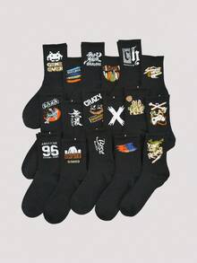 Open Phase 1/5/10 Pairs Random Men's Crew Socks With Graffiti, Letter, Machinery, Skateboard, Street, School, Basketball Designs, Long High Waist Sports Socks, All Season - Black - View 1