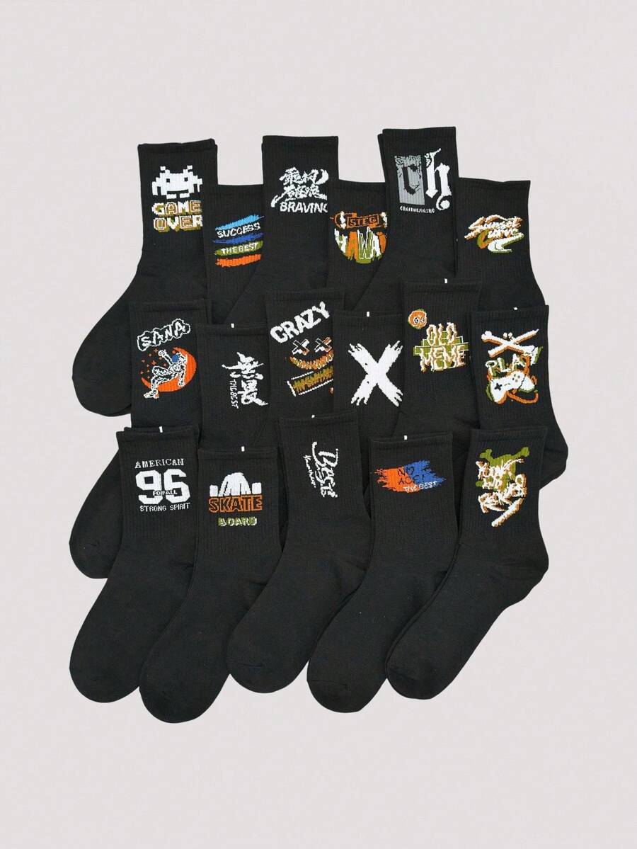 Open Phase 1/5/10 Pairs Random Men's Crew Socks With Graffiti, Letter, Machinery, Skateboard, Street, School, Basketball Designs, Long High Waist Sports Socks, All Season - Black - View 1