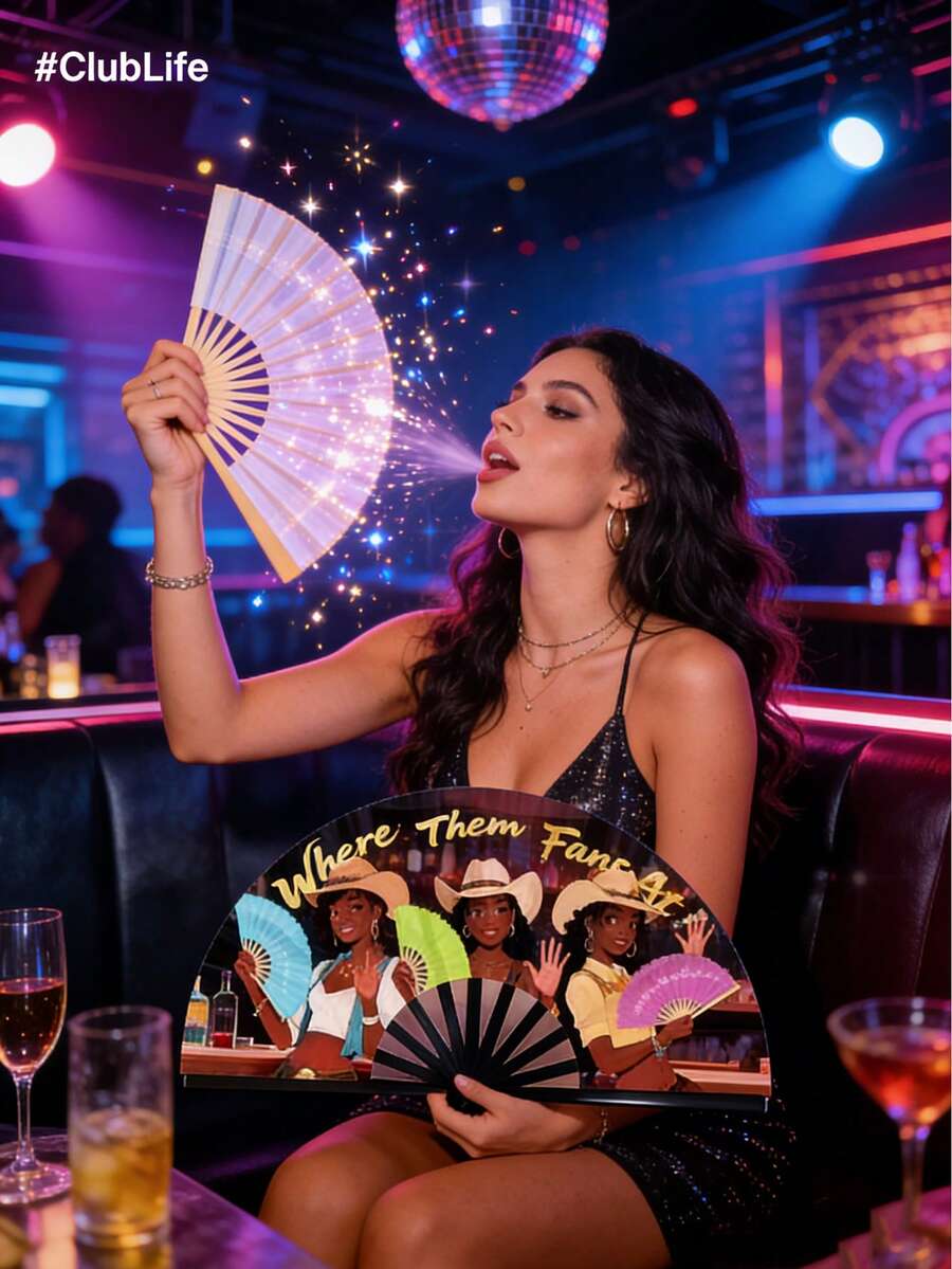 1pc Premium "Where My Fans At" Denim Carnival Party Fan, Large Foldable Hand Fan With Western Cowboy & Bar Scene Pattern, Durable Plastic Frame, Suitable For Music Festivals, Nightclubs, Carnivals - Multicolor - View 1