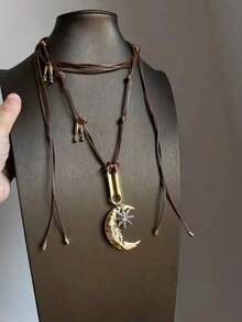 1件复古波西米亚风月亮星星吊坠PU皮链项链，女士百搭，适合日常佩戴、派对、音乐节等场合 - 毛衣链 - 棕色 - 查看 2