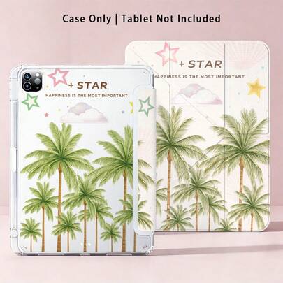 Funda protectora de tableta PC de cristal acrílico con patrón de palmera, nube y estrella, con soporte plegable, adecuada para Samsung A11/A11+/S11 y otros modelos populares de Apple, Honor, etc. Plegable anti-doblado, esquinas reforzadas de silicona, función de activación/suspensión automática, ranura para bolígrafo incorporada, soporte plegable de varios ángulos - Protección diaria perfecta, regalo ideal