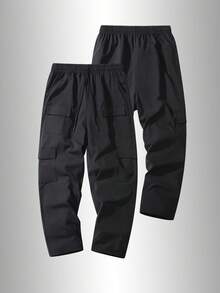 Men's Casual Street Style Cargo Pants - Loose Fit Wide Leg Trousers, Multi-Pocket Design, Drawstring Waist, Solid Color For Daily Wear, Elastic Waistband With Drawstring, Suitable For All Year Round - الأسود - مشاهدة 5