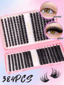 384 Pieces D-Roll Mixed Length Single Cluster False Eyelash Set, Thick Soft Fluffy Butterfly Foundation Make-Up Natural Eye Makeup, Complete DIY Eyelash Set With Long-Lasting Mascara, Makeup Remover, Eyelash Curler And Eyelash Brush, For Home Use - Black - View 4