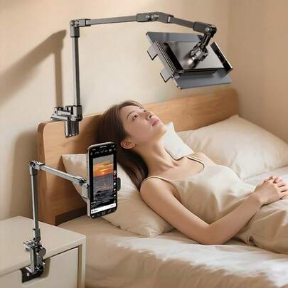 Soporte ajustable para tableta y teléfono, soporte de mesa multiángulo perezoso, soporte de tableta acostado, de escritorio y mesita de noche, con brazos rotatorios y plegables de 3 secciones, resistente