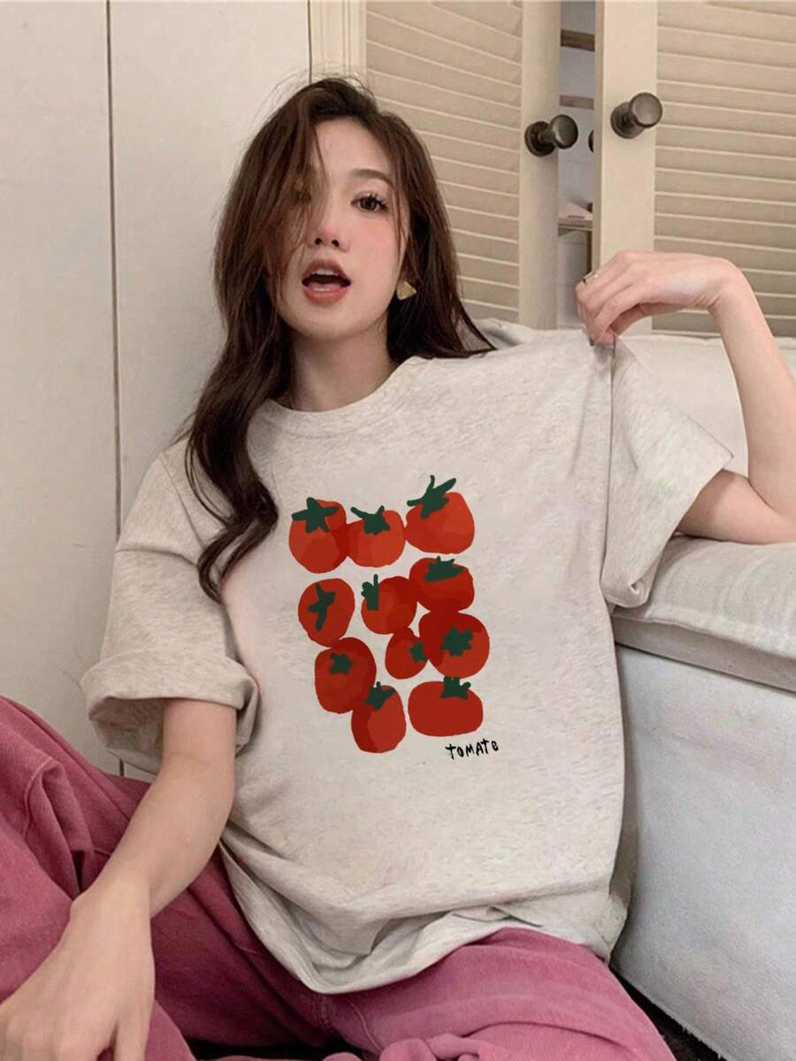 Japanese Style Women's Loose Casual Crew Neck Cartoon Tomato & Fruit Print Short Sleeve T-Shirt, Versatile For Spring/Summer - Light Gray - View 1