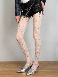 1双 - 蓝白星形提花丝袜，女士超薄夏季连裤袜，修身塑形JK款基础袜，甜美白色 - 彩色 - 查看 7