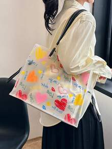 Women's Fashionable Heart-Graffiti Transparent Tote Bag, Large Capacity Shoulder And Handbag - Black - View 3