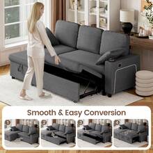 Corner Sofa Bed, L-Shaped Sleeper Sectional Couch Bed, 3 In 1 Chenille Convertible Pull Out Sofa Bed With Storage Chaise And Cup Holder For Living Room, Grey - 麻布款深灰色-3人座 - 查看 4