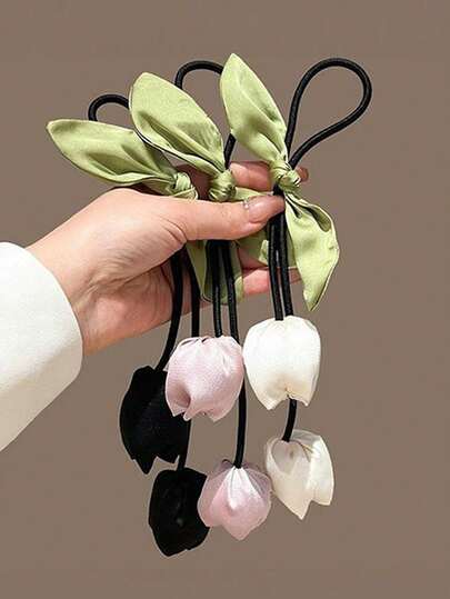 1/3个装 女士优雅郁金香式蝴蝶结发圈，适合日常通勤，是送给女孩的理想礼物，可作马尾辫发圈、橡皮筋发圈、发绳、弹性发圈等。