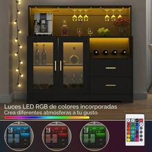 Mueble para bar de vinos con luz LED, clóset de café con estante para vino y soporte para vidrio, aparador de cocina con estante de almacenamiento, clóset de licor no empotrado para sala de estar, comedor,negro,blanco,gabinete de Licor para Sala de Estar - Negro - Ver 7