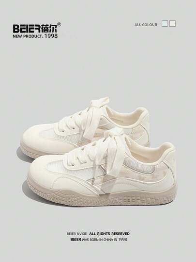  BEIER Solid Color Lace-Up Mesh Patchwork Fitness Gym Low-Top Flat Shoes For Women