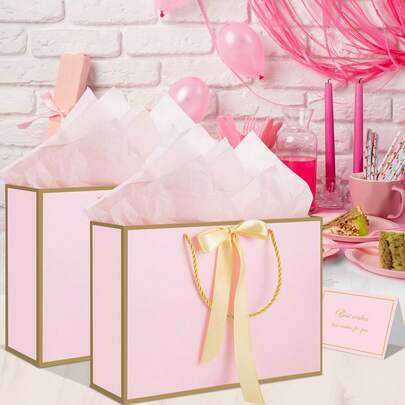 Bộ 2 túi quà màu hồng, cỡ trung bình, kèm giấy gói và thiệp chúc mừng, thích hợp làm quà tặng sinh nhật, trang trí đám cưới và quà tặng Ngày của Mẹ.