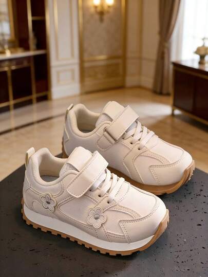 女童花朵图案魔术贴运动鞋，软底防滑，幼儿女童多功能透气幼儿园运动鞋