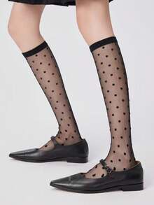 1双波点透明网纱过膝袜，透气轻薄透明女款长筒袜 - 彩色 - 查看 2