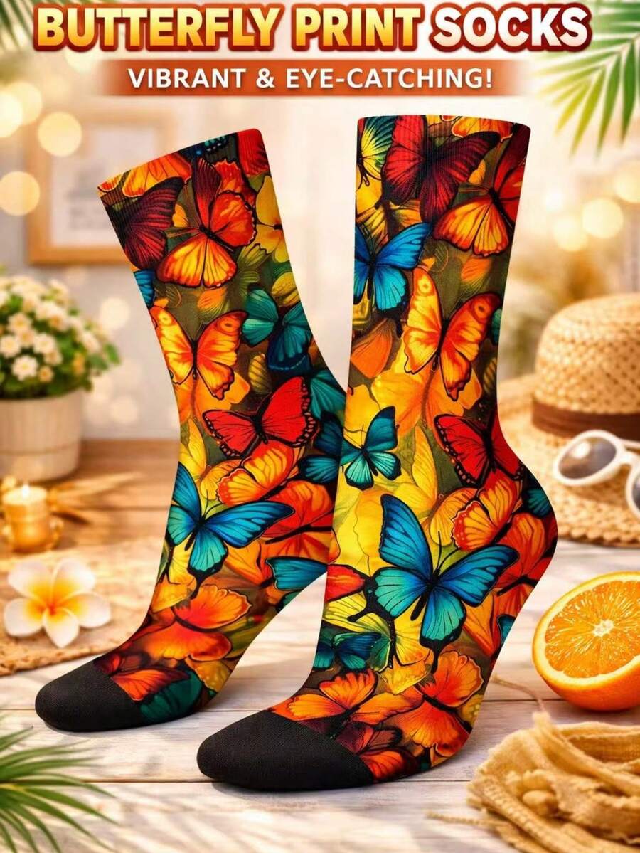 1 Pair Men's 3D Digital Print Socks, European And American Style Sports Socks, 360 Seamless Heat Transfer Mid-Calf Socks - Multicolor - View 1