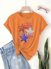 Women's Patriotic T-Shirt - Red, White, And Blue Stars With American Fireworks Design, Casual Loose Fit, Machine Washable, Fashionable Women's Top - 預設圖2 - 查看 9