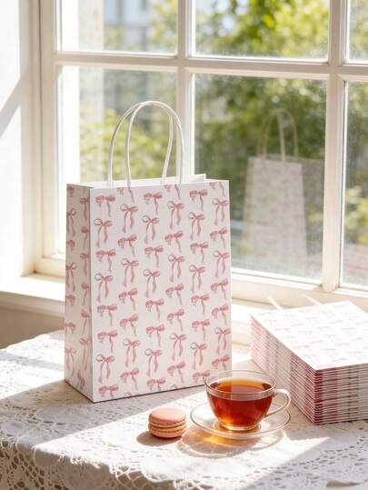 10pcs Pink Bow Paper Gift Bags, Suitable For Women's Valentine's Day, Galentine's Day, Birthday, Party, Bridal Shower, Baby Shower, Graduation, Mother's Day, Wedding Party, With Handles