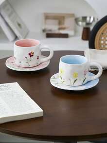 1 Set Refreshing Ceramic Coffee Cup & Saucer, Spring Cartoon Cup, Afternoon Tea Cup, Mug, Latte Art Cup, Breakfast Milk Cup, Personalized Birthday/Housewarming Gift, Couple Water Cup - Multicolor - View 12