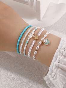 5件套女孩贝壳、爱心、海星和珍珠串珠手链套装 - 彩色 - 查看 3