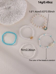 5件套女孩贝壳、爱心、海星和珍珠串珠手链套装 - 彩色 - 查看 2