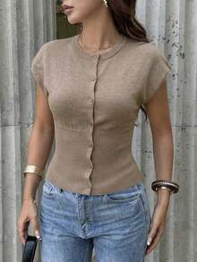 女士休闲简约纽扣前襟蝙蝠袖针织背心，适合日常穿着，四季皆宜，春夏上衣，优雅休闲外套 - 駝色 - 查看 6