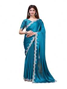 Estationeryhouse Satin Saree With Silver Embroidery With Heavy Embroidered Unstitched Blouse - Green - View 2