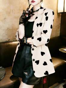 1pc Women's Elegant Heart Print Contrast Button Front Blazer Jacket, Suitable For Commuting, Office, Daily Wear, Spring/Summer Vacation - Apricot - View 7