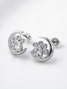 1 Pair Zirconia Moon & Dog Paw Earrings, Suitable For Women's Daily Wear - Silver - View 7