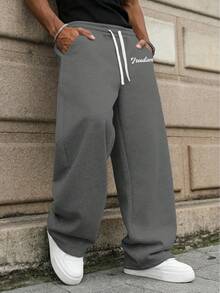 Men's Letter Print Wide Leg Sweatpants, Black Loose Long Pants, Drapey Casual Sports Pants, American Vintage Letter Sweatpants, Loose Wide Leg Pants, Street Style Casual Long Pants, Great Gift For Boyfriend And Father - Dark Grey - View 6