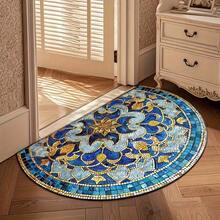 1 pieza Felpudo semicircular con diseño floral azul y dorado, felpudo de entrada, alfombra pequeña, felpudo de bienvenida, alfombra, felpudo de piso, felpudo de exterior, alfombra de cocina, decoración del hogar, felpudo de puerta principal, alfombra pequeña de área, felpudo de exterior, decoración del hogar, alfombra de área, alfombra de jardín, alfombra lavable - Multicolor - Ver 2