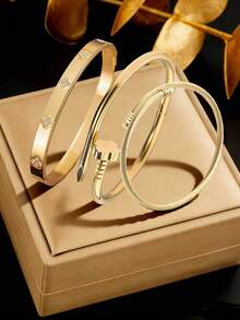 RAYQUEEN Stainless Steel Fashion Versatile Flower & Four-Leaf Clover Rhinestone Bracelet Set, Suitable For Daily Wear, Gift - Yellow Gold - View 5