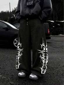 Graphic Print Casual Sweatpants, Loose Fit Straight Leg, English Graffiti Print, Streetwear Comfortable Summer - 黑色 - 查看 2
