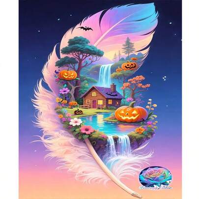 1幅2D DIY钻石画梦幻羽毛南瓜屋，卡通风景钻石刺绣，适合万圣节、客厅装饰，是完美的节日礼物