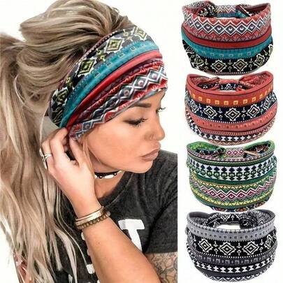 4 chiếc băng đô bản rộng phong cách Bohemian dành cho nữ - Thấm hút mồ hôi, thoáng khí, nhẹ, thích hợp cho yoga, thể thao, họa tiết retro, phụ kiện đi biển, trang phục mùa hè.