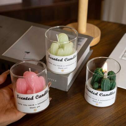 1pc Cactus Shaped Scented Candle - Transparent Glass Jar, Natural Soy Wax, Multi-Color Options, Smokeless Long-Lasting Fragrance, Suitable For Wedding, Easter, Home Decor, Office Desk, Bedroom, Relaxation, Gifts And Photography Props