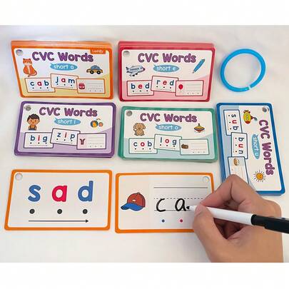 Lachilly 60 Cards Children's Educational English CVC Word Phonics Learning Flashcards, Short Vowel Word CVC Beginning Phonics Word Builders Kids Learning Toys