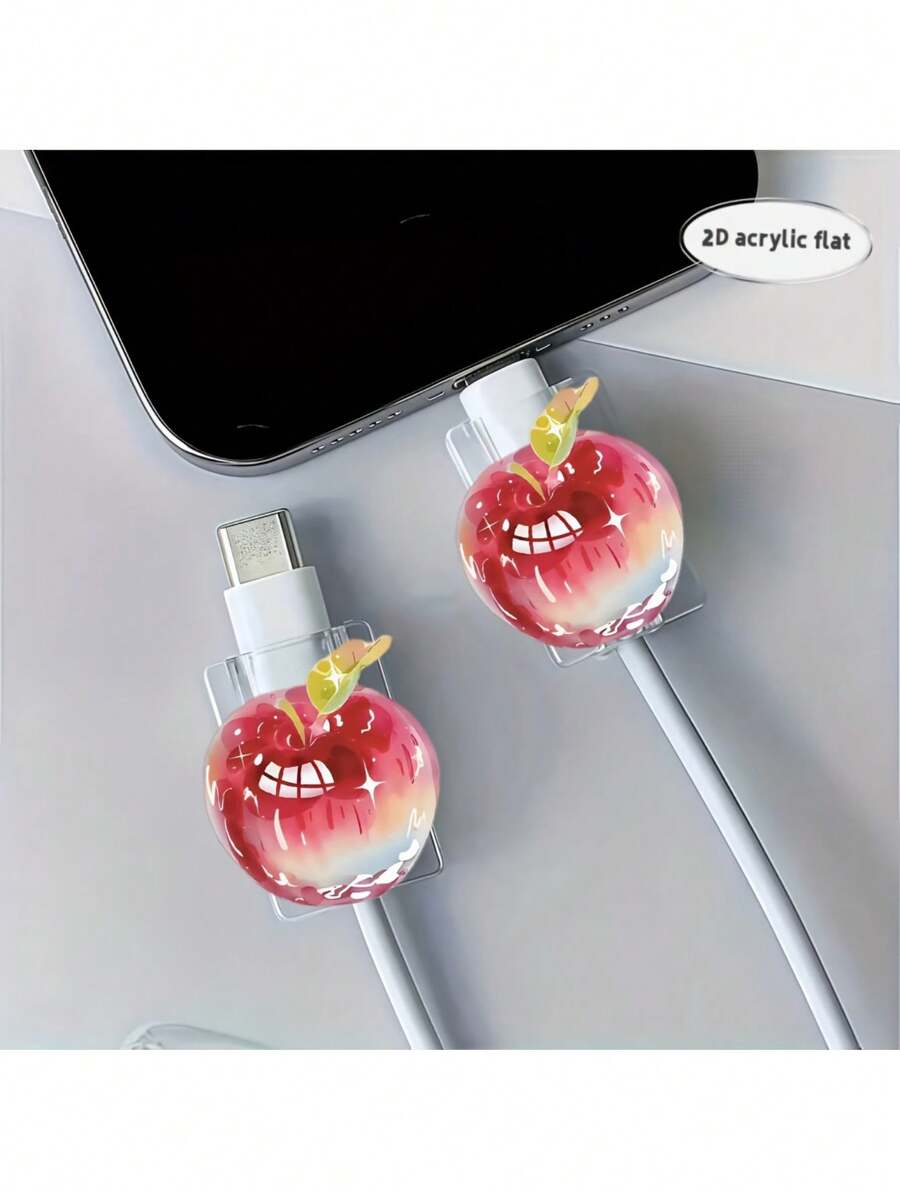 2D Acrylic FLAT 2pcs Colorful Red Apple Data Cable Protection Case, Anti-Damage, Type-C Mobile Phone Data Cable Protector, Beautiful And Durable Protection Case - Multicolor - View 1
