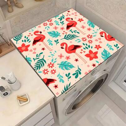 1pc Flamingo Flower Cluster Pattern Washing Machine Dryer Top Cover Pad, Made Of Diatomite Material, Washing Machine Dust Cover Pad, Kitchen Supplies, Anti-Slip, Suitable For Laundry Room, Bathroom, Home Decor, Room Decoration
