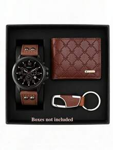 Casual Fashion Quartz Watch, Wallet And Keychain Set For Teenagers, PU Leather Inlaid Design Strap, Round Alloy Case, Coffee Brown Casual Design, Suitable As Festival Gift, Daily Gathering Outfit, Music Festival, Party, Birthday Gift, No Packaging Included - Coffee Brown - View 2