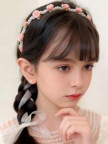Girls' Sweet Faux Pearl Flower Headband, Fashion Versatile Pearl Ribbon Headband, Suitable For Parties And Daily Wear, Spring/Summer - Multicolor - View 3
