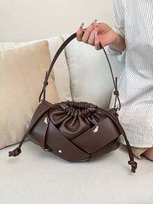 Women's Faux Leather Solid Color Drawstring Cloud Pleated Shoulder Bag - Multicolor - View 10