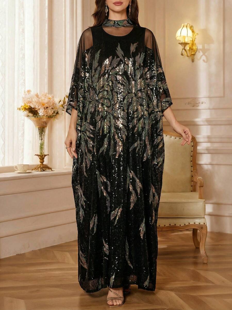 Solessence Women's Stand Collar Batwing Sleeve Long Luxury Beaded Lace Embroidered 2 Pieces Turkish Robe - Black - View 1