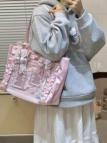 Bolsa de ombro estilo bailarina, com alça franzida e design sofisticado, confeccionada em nylon acetinado de alta qualidade. Ampla capacidade, ideal para o dia a dia, para exibir figuras, fazer compras, ir a convenções de anime, festas e muito mais. - Multicolorido - Ver 4
