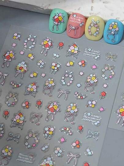 1 pieza Pegatinas de uñas 5D Kawaii de primavera/verano, diseños de flores rosas y azules de dibujos animados japoneses, decoraciones y calcomanías de arte de uñas adhesivas DIY