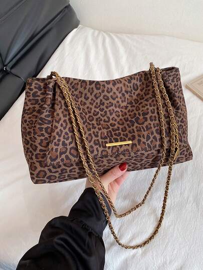 复古豹纹丝绒链条单肩包，小众设计大容量单肩包，慵懒百搭斜挎包，秋冬季高端通勤腋下手提包