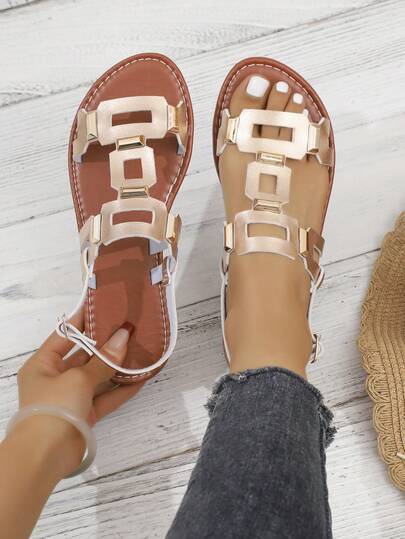 Women's Rivet Hollow-Out Comfortable Flat Sandals, Solid Color Bohemian PU Leather Rivet Buckle Flat Sandals For Beach, Wedding, Party, Office, Home, Outdoor, Summer