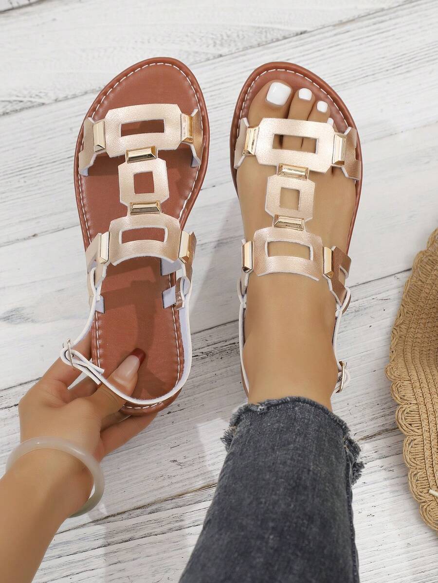 Women's Rivet Hollow-Out Comfortable Flat Sandals, Gladiator Sandals, Summer, Solid Color Bohemian PU Leather Rivet Buckle Flat Sandals For Beach - Champagne - View 1