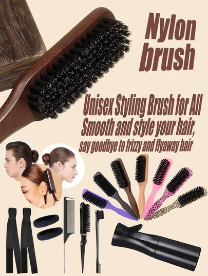 Unisex Slick Back Hair Brush Set, Nylon Teasing And Smoothing Brush Kit With Rat Tail Comb, Edge Brush, Spray Bottle And Hair Ties For Sleek Bun, Ponytail, Parting, Backcombing, Hairline Styling And Flyaway Control