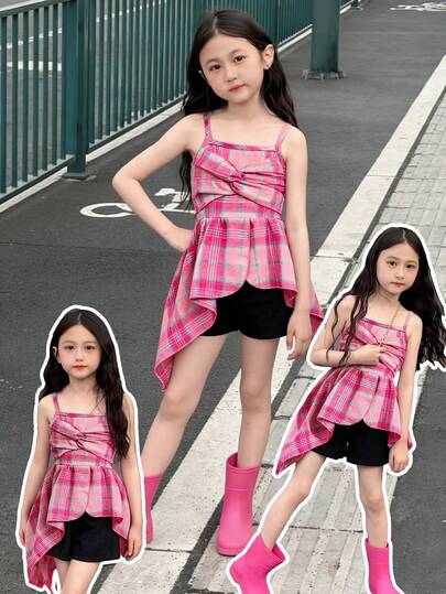 Bộ 2 món áo hai dây kẻ caro và quần short trơn màu thường ngày cho bé gái, trang phục mùa hè thời trang và ngọt ngào